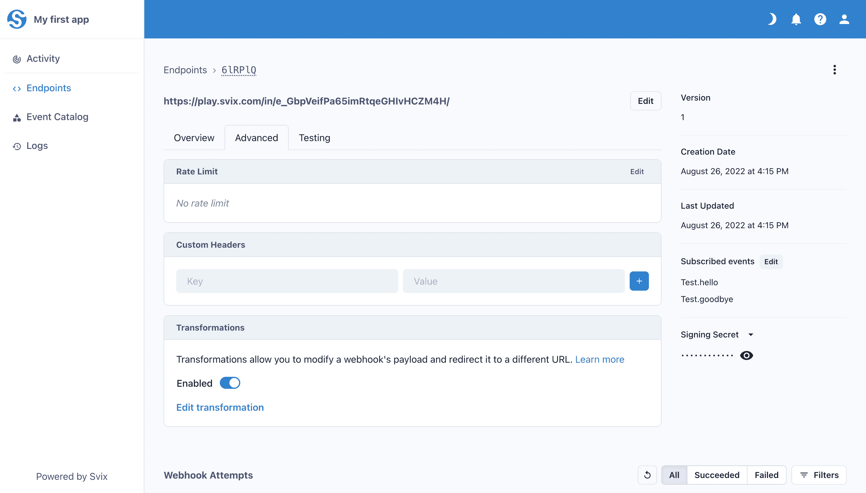 The Transformations card on an endpoint